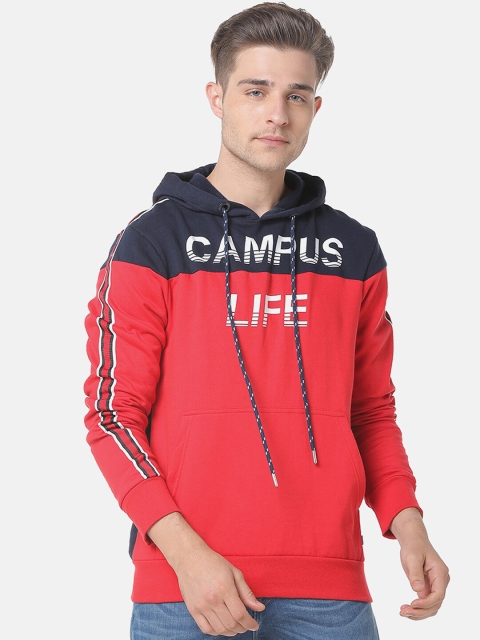 

Campus Sutra Men Red & Navy Blue Colourblocked Hooded Sweatshirt