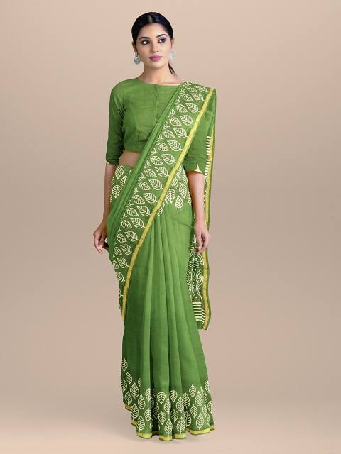

BharatSthali Green & Beige Silk Cotton Printed Chanderi Saree