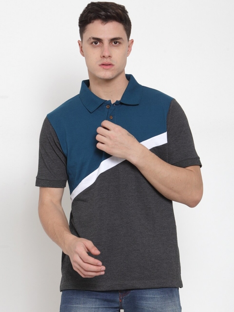 

Kalt Men Navy Blue & Charcoal Grey Colourblocked Polo Collar T-shirt