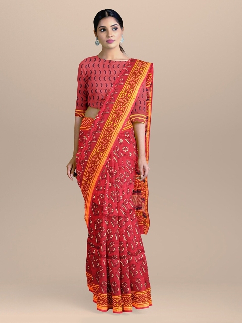 

BharatSthali Red & Off-White Silk Cotton Printed Chanderi Sustainable Saree