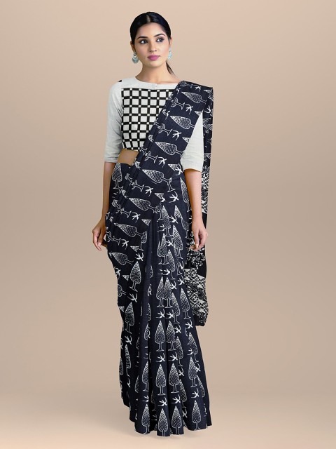 

BharatSthali Navy Blue & White Handloom Pure Cotton Printed Sustainable Saree