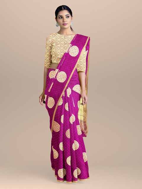 

BharatSthali Purple & Gold-Toned Silk Cotton Woven Design Saree