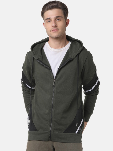 

Campus Sutra Men Olive Green & Black Colourblocked Hooded Sweatshirt