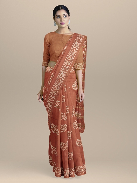 BharatSthali Orange & White Pure Cotton Printed Handloom Saree
