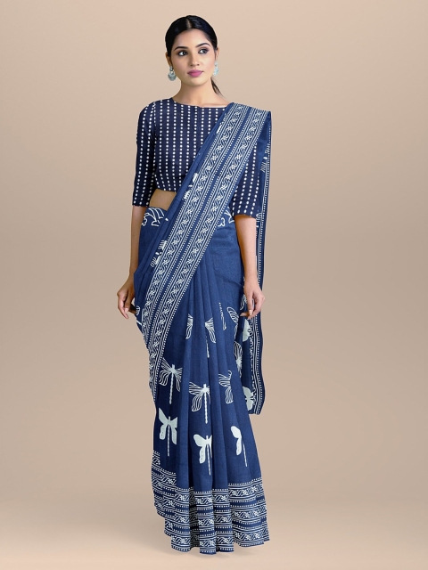 

BharatSthali Blue & White Pure Cotton Printed Handloom Sustainable Saree