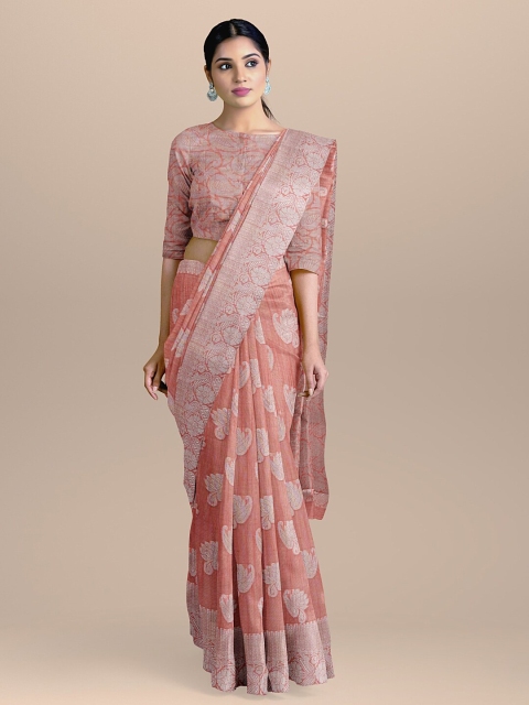 

BharatSthali Peach-Coloured & Silver-Coloured Woven Design Handloom Banarasi Saree