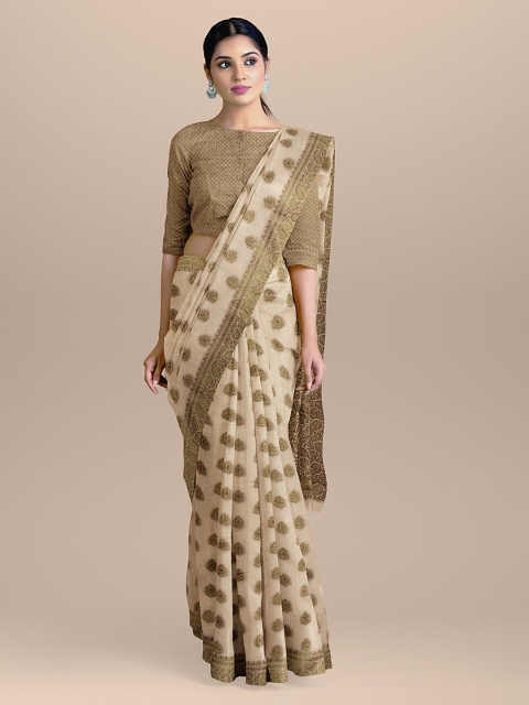 

BharatSthali Peach-Coloured & Olive Green Color Banarasi Silk Cotton Woven Design Sustainable Saree