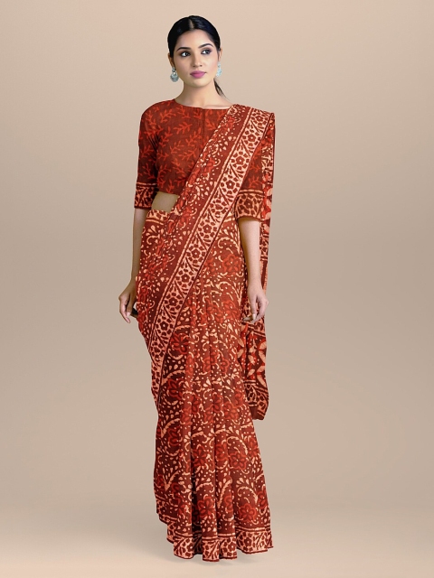 

BharatSthali Maroon & Brown Pure Cotton Printed Handloom Saree