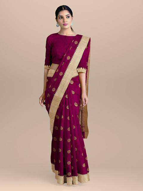 

BharatSthali Purple & Gold-Coloured Silk Cotton Woven Design Saree