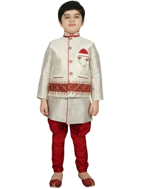 

SG YUVRAJ Boys Grey & Red Solid Raw Silk Kurta with Pyjamas & Waistcoat