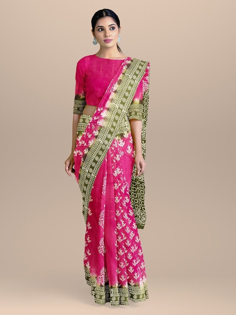 

BharatSthali Pink & Green Pure Cotton Printed Handloom Saree