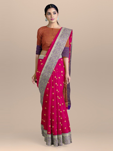 

BharatSthali Magenta & Blue Silk Cotton Woven Design Handloom Banarasi Saree