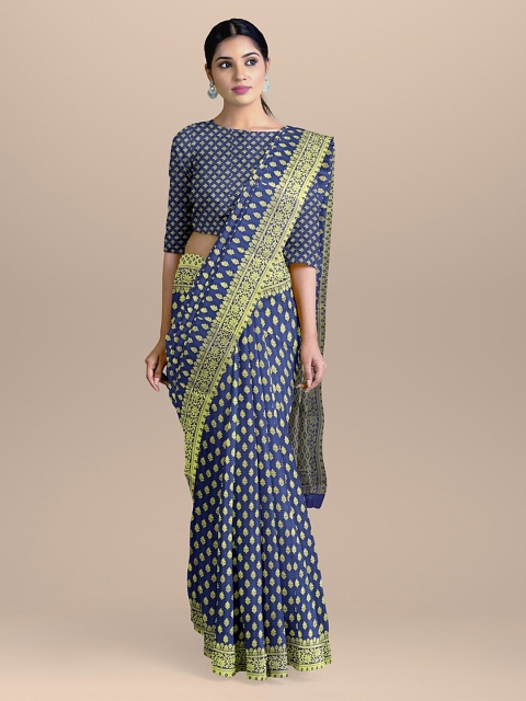 

BharatSthali Blue & Gold-Coloured Woven Design Banarasi Handloom Banarasi Saree