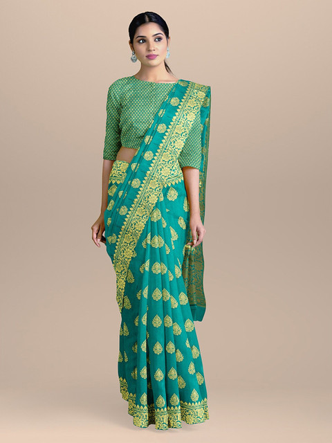 

BharatSthali Turquoise Blue & Gold-Coloured Woven Design Handloom Banarasi Saree