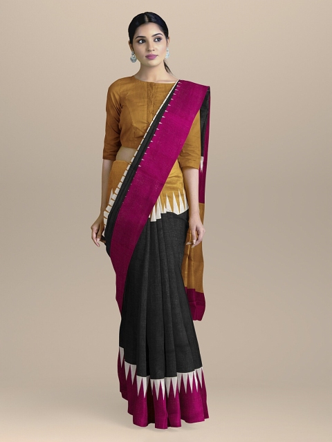 

BharatSthali Mustard Brown & Black Pure Cotton Solid Handloom Sustainable Saree