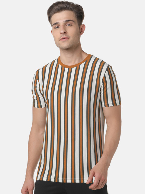 

Campus Sutra Men White Striped Round Neck T-shirt
