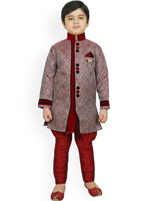 

SG YUVRAJ Boys Maroon & Grey Woven Design Raw Silk Kurta with Churidar