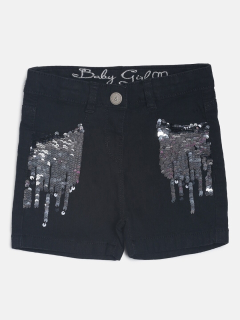 

TALES & STORIES Girls Black Embellished Regular Fit Denim Shorts