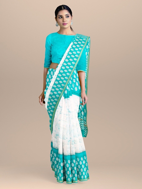 

BharatSthali Turquoise Blue & White Silk Cotton Printed Saree