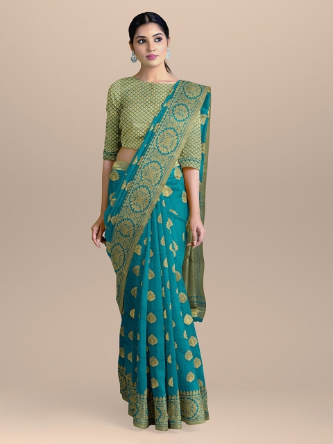 

BharatSthali Blue & Gold-Coloured Silk Cotton Woven Design Handloom Banarasi Saree