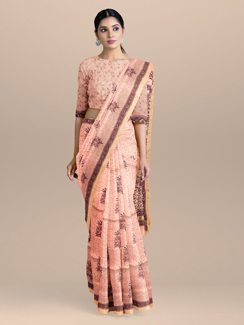 

BharatSthali Peach-Coloured & Maroon Silk Cotton Printed Chanderi Sustainable Saree
