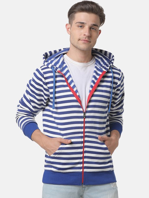 

Campus Sutra Men White & Blue Striped Hooded Sweatshirt