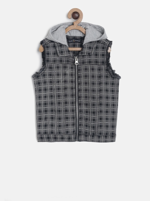 

TALES & STORIES Boys Grey & Black Checked Lightweight Hooded Open Front Jacket