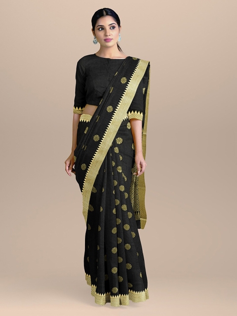 

BharatSthali Black & Gold-Toned Silk Cotton Woven Design Banarasi Saree