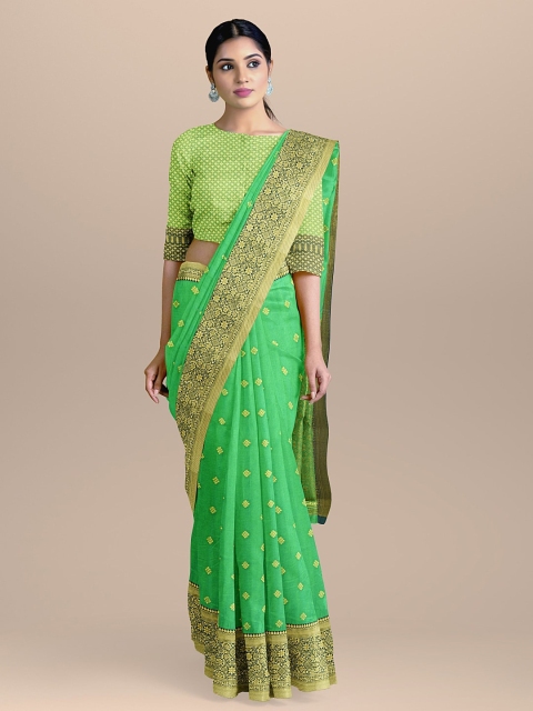 

BharatSthali Green & Gold-Coloured Silk Cotton Woven Design Handloom Banarasi Sustainable Saree