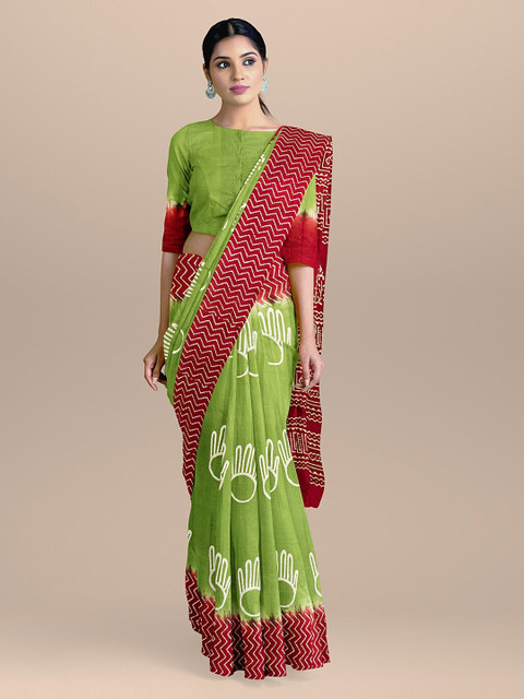 

BharatSthali Red & Green Pure Cotton Printed Handloom Sustainable Saree