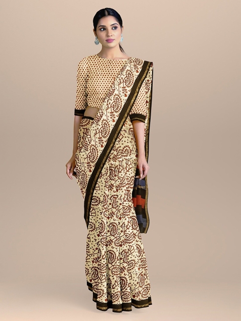 BharatSthali Off-White & Brown Silk Cotton Printed Saree