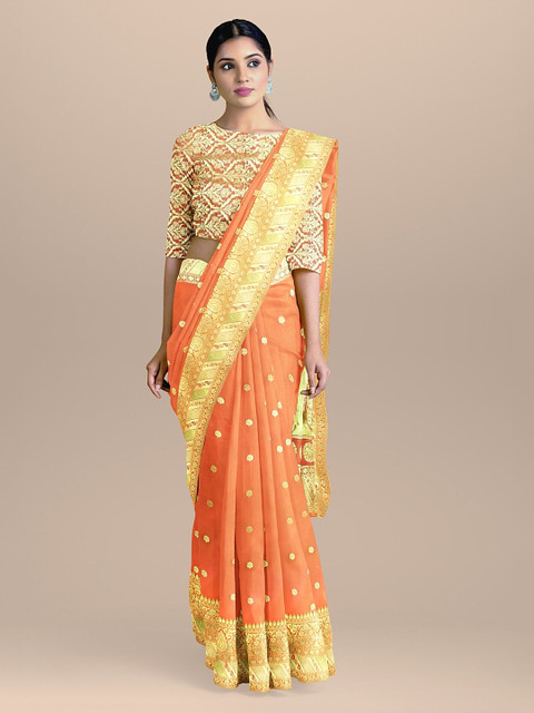 

BharatSthali Orange & Gold-Toned Silk Cotton Woven Design Banarasi Saree