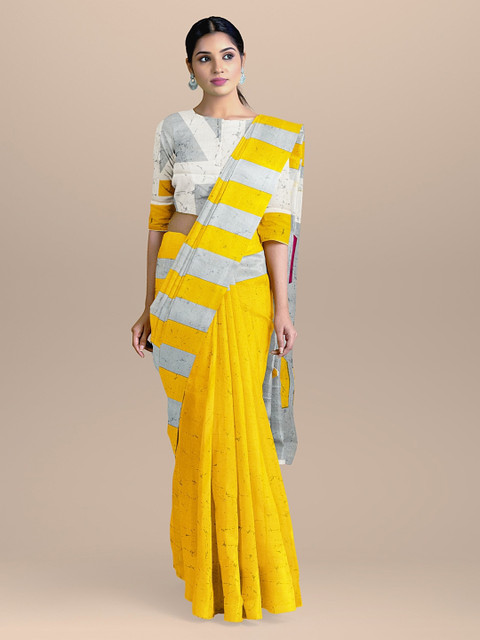 

BharatSthali Yellow & Grey Pure Cotton Printed Saree