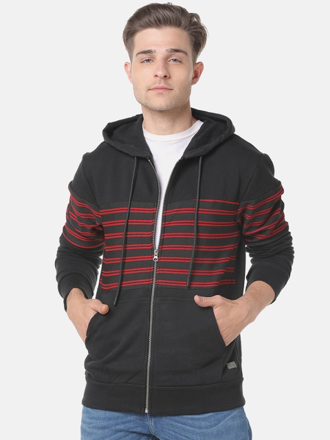

Campus Sutra Men Black & Red Striped Hooded Sweatshirt