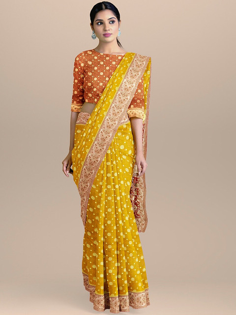 

BharatSthali Yellow Woven Design Banarasi Tanchoi Silk Cotton Saree