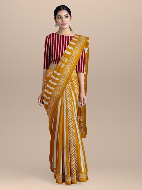 

BharatSthali Mustard Yellow & White Pure Cotton Striped Handloom Saree