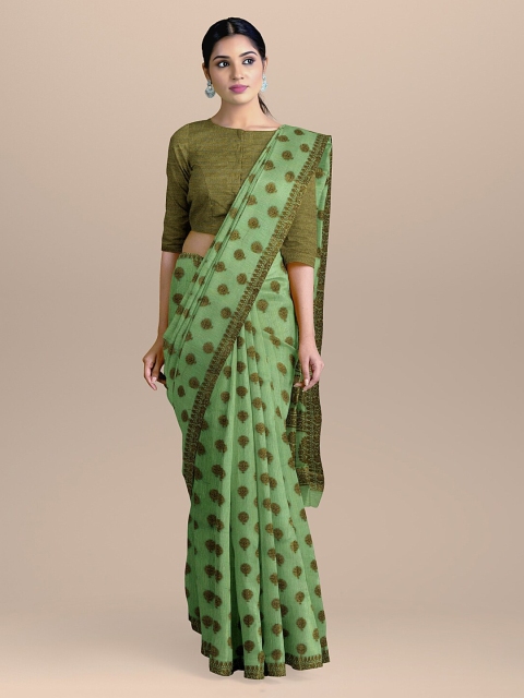 BharatSthali Green & Olive Green Silk Cotton Woven Design Handloom Banarasi Saree
