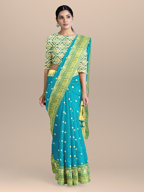 

BharatSthali Turquoise Blue & Gold-Coloured Woven Design Handloom Banarasi Saree