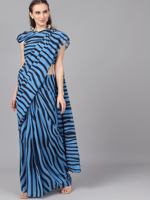 

AKS Blue & Black Poly Georgette Animal Printed Saree
