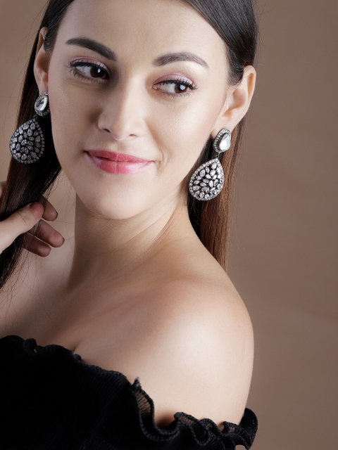 

rubans LUXURY Silver-Toned Handcrafted Teardrop Shaped Drop Earrings