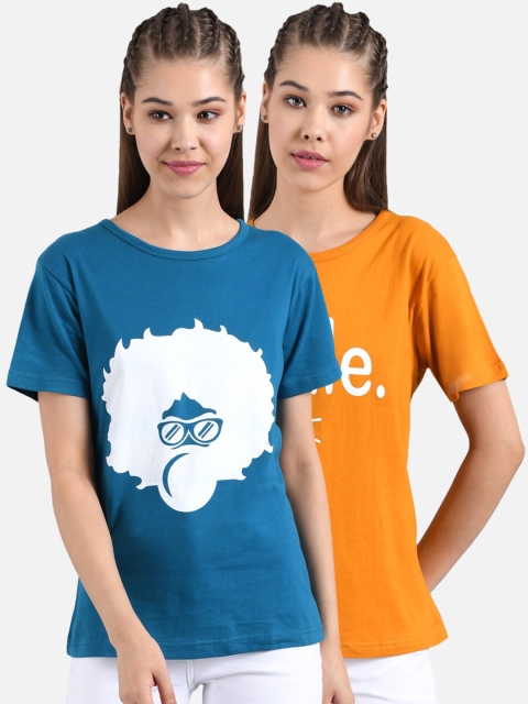 Kotty Women Pack Of 2 Printed Round Neck T-shirts, Blue