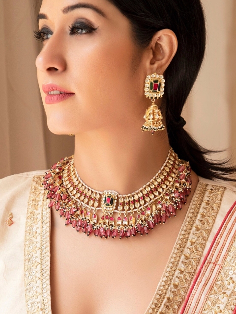 

rubans LUXURY Gold-Plated Pink & White Kundan-Studded Beaded Pearl Handcrafted Jewellery Set