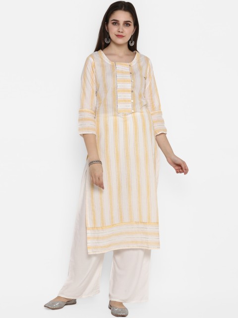 

ZOEYAMS Women White & Yellow Striped Straight Kurta