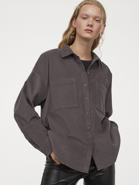 

H&M Women Charcoal Grey Solid Corduroy Shirt