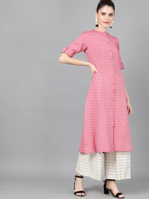 

AKS Women Pink Woven Design A-Line Kurta