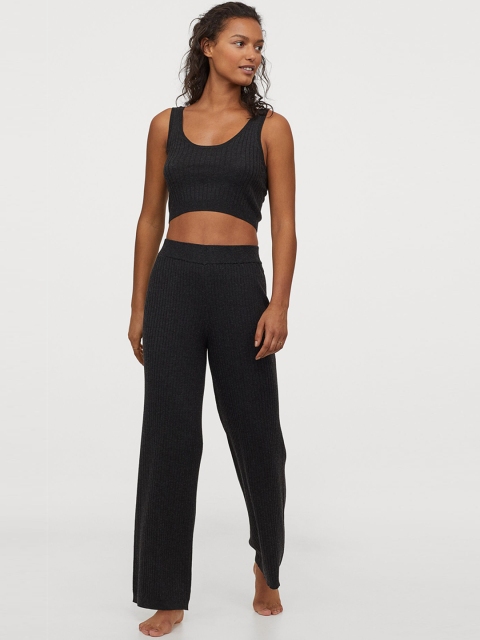 

H&M Women Black Rib-Knit Sustainable Trousers