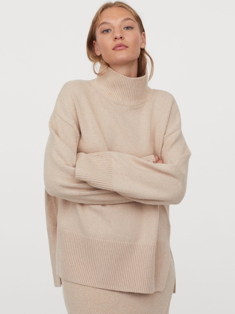 

H&M Women Beige Knitted Polo-Neck Jumper