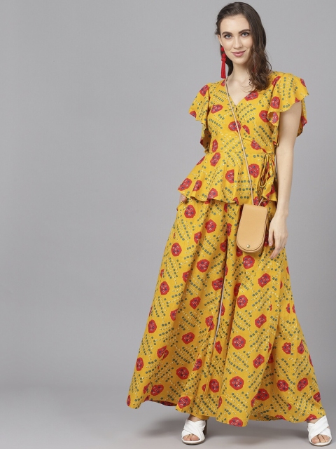 

AKS Women Mustard Yellow & Pink Bandhani Print Peplum Top with Palazzos Set