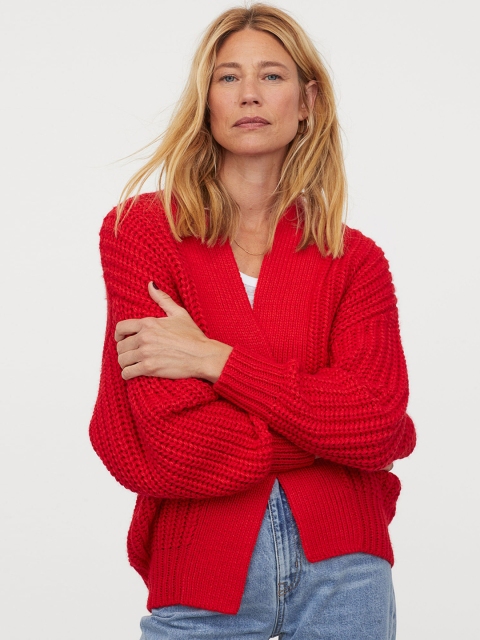 

H&M Women Red Rib Knit Cardigan