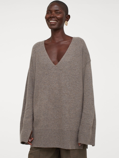 

H&M Women Taupe Oversized Wool-Blend Jumper